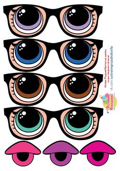 four pairs of glasses with different colored eyes