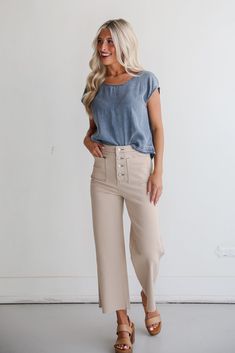 You'll always look top tier whenever you slip on the Perfected Aesthetic Tan Wide Leg Jeans! These women's jeans are designed with a flattering high-rise waist that cinches your silhouette, while the wide leg cut flows elegantly to create a relaxed yet polished look. The rich tan hue offers a versatile alternative to traditional denim, making these jeans a standout piece in any wardrobe. Crafted from soft, sturdy fabric with just the right amount of stretch, these jeans ensure all-day comfort wi Tan Wide Leg Pants Outfit, Tan Wide Leg Pants, Aesthetic Tan, Wide Leg Pants Outfit, Relaxed Outfit, Beige Pants, Casual Work Outfits, Wide Pants, Casual Work