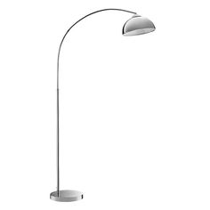 a white floor lamp with a metal base and an oval light fixture on the side