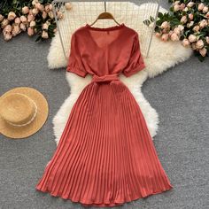 Fabric: chiffon Color: green, Khaki, blue, yellow, red Size(cm): free size(1inch=2.54cm) length 105cm bust 96cm waist 60-100cm sleeve length 26cm Please check the size carefully when you choose items, thank you. Summer Pleated V-neck Chiffon Dress, Solid Color Chiffon Beach Dress, Solid V-neck Chiffon Summer Dress, Solid V-neck Chiffon Dress For Summer, Red Chiffon V-neck Dress, Pleated V-neck Chiffon Dress For Summer, Fitted Red Chiffon Dress, Summer Solid Color Chiffon Maxi Dress, Summer Solid Color Chiffon Dress