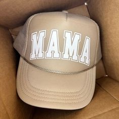 Brand New, Never Worn, Custom Mama Trucker Hat Spring Brown Trucker Hat With Short Brim, Brown Trucker Hat With Short Brim For Spring, Brown Short Brim Trucker Hat For Spring, Beige Flat Brim Trucker Hat For Spring, Beige Trucker Hat With Flat Brim For Spring, Mama Hat, Tan Hat, Wool Cat, Beaded Hat