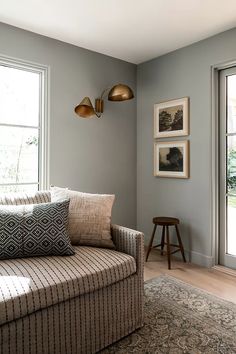 a living room scene with focus on the couch and pillows in front of the window