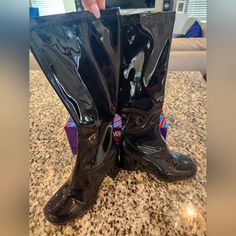 Brand New In Box, Knee High Black Patent Leather Boots. Size 7 Black Patent Leather Boots, Patent Leather Boots, Black Patent Leather, Shoes Heels Boots, Knee High, Patent Leather, Leather Boots, Shoes Women Heels, Heeled Boots