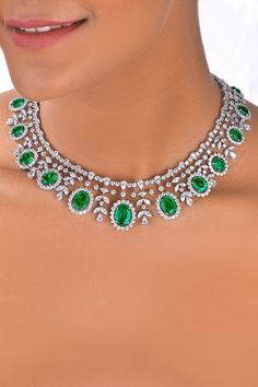 925 sterling silver necklace embellished with white Swarovski zirconia and oval shaped man-made green emeralds. - Aza Fashions Oval Crystal Jewelry With Rhinestones, Oval Crystal Necklaces With Diamond Accents, Oval Crystal Necklace With Diamond Accents, Oval Crystal Necklace In Fine Jewelry Style, Oval Sparkling Stones Fine Jewelry, Necklaces Choker, Paris Jewelry, Jewellery Necklaces, Sterling Silver Necklace