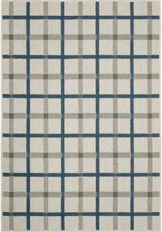 an area rug with grey and blue squares on the side, in front of a white background