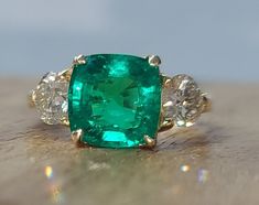 Emerald Engagement Ring Green, Affordable Rings, Green Sapphire Engagement Ring, Special Ring, Yellow Gold Engagement, Emerald Engagement Ring, Three Stone Rings, Emerald Diamond, Gold Engagement