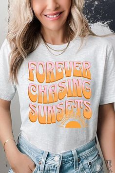 Forever Chasing Sunsets Summer Graphic T Shirts.Unisex Crew Neck Short Sleeve Tees.Crafted from premium materials, tailored to your lifestyle, ensuring a comfortable fit for any occasion.Family Group Uniforms Birthday Party Gift Concert Festival Events.High Quality Direct To Film Printed Graphic Design.100%COTTON,HEATHER(52%COTTON,48%POLY),ATH.HEATHER,BLACK HEATHER(90%COTTON,10%POLY)NICARAGUAMade In: Nicaragua Trendy Summer T-shirt With Lettering, Casual Summer T-shirt With Lettering, Spring Graphic Tee With Lettering, Trendy Summer Tops With Lettering, Casual Summer Tops With Lettering, Everyday Summer Shirt With Slogan, Summer Cotton Tops With Lettering, Summer Shirt With Text Print For Everyday, Cotton Summer Tops With Lettering