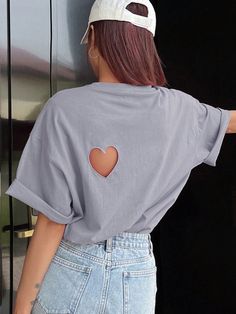 Hollow Out Heart Round Neck Oversized T-Shirt Purple Casual  Half Sleeve Fabric Geometric,Plain  Slight Stretch  Women Clothing, size features are:Bust: ,Length: ,Sleeve Length: Oversize Tshirt Outfits, 1980's Fashion, Cute Shirt Designs, 1990's Fashion, Asian Outfits, Tshirt Outfits, Women T Shirts, Oversized T Shirt, Sporty Style