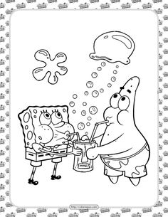 spongebob and patrick coloring page with bubbles in the sky above them, as well as an octopus