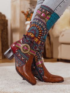 Enliven your ensembles with the bohemian charm of this knee-high boot that features a soft leather upper and vibrant patterned details. This unique style pairs effortlessly with jeans or our signature shacket or knit sweaters. 1'' heel 13.8'' shaft 14.8'' circumference Side zip & buckle closure Leather upper Leather lining Leather insole Rubber sole Leather Knee Boots, Knit Sweaters, Knee Boot, The Bohemian, Knee High Boots, Brown Color, Side Zip, Knee Boots, Cowboy Boots