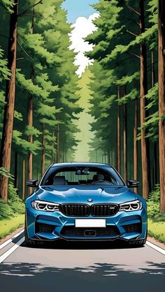 a blue car is driving down the road in front of some tall trees and green grass