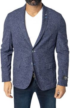 Made from luxe Italian stretch fabric, this single-breasted jacket sports a cool blue hue and an unstructured profile for a casual feel. Curved four-button cuffs and a vividly patterned lining offer a signature touch. Notched lapels Four-button cuffs Chest welt pocket; front flap pockets; interior welt pocket Side vents Partially lined 65% polyester, 25% viscose, 10% elastane Dry clean Made in Turkey Casual Blue Blazer With Suit Collar, Blue Casual Outerwear For Semi-formal Occasions, Navy Single-breasted Sport Coat For Spring, Blue Casual Sport Coat With Single Button, Blue Single Button Sport Coat For Spring, Blue Sport Coat For Business Casual In Spring, Blue Semi-formal Outerwear With Button Cuffs, Semi-formal Blue Outerwear With Button Cuffs, Casual Fitted Sport Coat With Double Button Closure