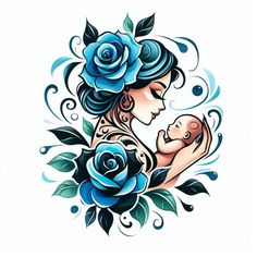 a woman holding a baby in her arms with blue roses around her neck and shoulder