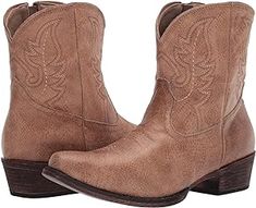 Roper Shay | Zappos.com Distressed Brown Boots For Outdoor Fall Activities, Rugged Faux Leather Boots For Fall, Rustic Snip Toe Moto Boots For Fall, Rustic Moto Boots With Snip Toe For Fall, Rugged Snip Toe Mid-calf Boots For Fall, Rugged Mid-calf Snip Toe Boots For Fall, Rugged Boots For Rodeo In Fall, Western Boots With Zipper Closure, Western Fitted Boots With Zipper Closure