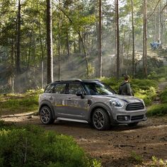 the mini countryman is parked in the woods