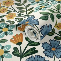 a floral wallpaper with blue, yellow and orange flowers on white background in full bloom