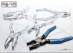 the drawing shows how to draw different types of scissors and pliers with pencils