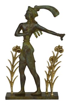 a bronze statue with an arrow in it's hand and some plants around it