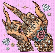 a drawing of a hand with tattoos and rings on it's fingers holding a diamond