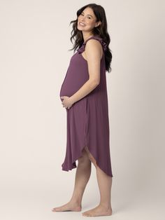 A labor & delivery gown that looks as good as it feels! Perfect for those first photos with your new little love, the ultra-feminine Ruffle Strap Labor & Delivery Gown has openings that extend the full length of both the front and the back. The front snap opening allows for fetal monitoring, ultrasounds, C-section incision inspections, and skin-to-skin contact, while the back Velcro opening allows for easy epidural placement. The snaps at the adorable ruffle straps make for quick breastfeeding a Nursing-friendly Sleeveless Maternity Dresses, Maternity Sleeveless Nursing-friendly Dress, Flowy Ruffle Dresses For Loungewear, Bump Friendly V-neck Maternity Dress, Sleeveless Ruffled Maternity Dress, Maternity V-neck Bump Friendly Dress, Bump Friendly Maternity Dress With Short Sleeves, Bump-friendly Short Sleeve Maternity Dress, Bump Friendly Short Sleeve Maternity Dress