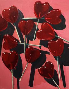 a painting of red heart shaped lollipops on a pink background with black stems