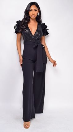 Laila Black Sequin Jumpsuit – Emprada Belted V-neck Jumpsuit For Night Out, Chic Short Sleeve Party Jumpsuits And Rompers, Chic Short Sleeve Jumpsuits And Rompers For Party, Fitted Belted Jumpsuits And Rompers For Date Night, Black Short Sleeve Jumpsuit For Party, Black Short Sleeve Jumpsuits And Rompers For Party, Formal Black Jumpsuit With Tie Waist, Evening Fitted Jumpsuits And Rompers With Tie Waist, Belted Jumpsuits And Rompers For Night Out