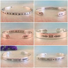 "♥︎ These personalized sterling silver cuff bracelets are made to order. Thank you for your patience and for shopping handmade! ▶︎▶︎▶︎ ABOUT THIS BRACELET ◀︎◀︎◀︎ ✺ Hand stamped and made of solid sterling silver (.925) ✺ You choose width & finish ✺ Bracelet measures 6\" long and is adjustable to fit most wrist sizes ✺ For very small wrists, you can request a 5.5\" long bracelet (or smaller) ✺ Gift wrapped for easy gift giving! ▶︎▶︎▶︎ How to Order ◀︎◀︎◀︎ 1. Choose quantity, width & finish, Personalized Adjustable Sterling Silver Bracelet, Adjustable Engraved Bracelet For Mom, Customizable Silver Name Bracelet For Friendship, Personalized Sterling Silver Name Bracelet Bangle, Personalized Sterling Silver Name Bangle, Silver Customizable Cuff Bangle Bracelet, Inspirational Customizable Bracelets For Gifts, Silver Customizable Cuff Bracelet, Customized Minimalist Silver Bracelets