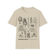 a beige t - shirt with an image of different types of human body parts on it