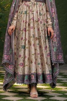 Ivory base silk chanderi koti jacket style anarkali with all over floral prints and embroidery detailing. Paired with a churidar and contrast dupatta with floral prints and lace border. - Aza Fashions Koti Jacket, Contrast Dupatta, Women Kurta, Embroidery Detailing, Ivory Silk, Lace Border, Floral Vine, Churidar, Set Women