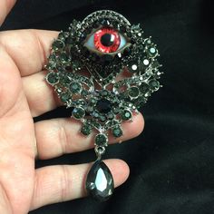 "This brooch measures 4\"x3\"" Black Gothic Jewelry Brooch, Black Gothic Brooch Jewelry, Black Gothic Brooch, Black Halloween Party Brooch, Gothic Brooch Jewelry For Parties, Gothic Party Brooch Jewelry, Black Rhinestones Brooch For Gift, Eyeball Art, Blood Red