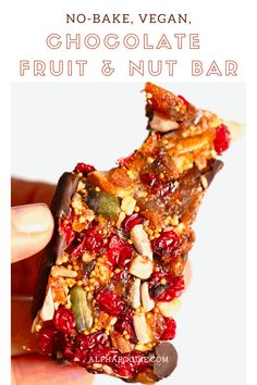 no - bake, vegan chocolate fruit and nut bar with text overlay