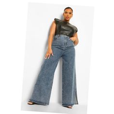 Cute Wide Leg Jeans With Slits On The Side Outfit Gorditas, Queer Style, Split Hem Jeans, Leg Split, Flare Denim Jeans, Straight Cut Jeans, Crop Top Outfits, Hem Jeans, Black High Waist