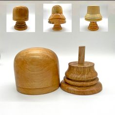 several wooden objects are arranged on a white surface