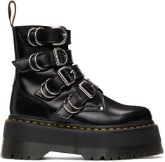 Ankle-high polished leather boots in black. Round toe. Adjustable pin-buckle straps and D-ring hardware at vamp. Logo-woven webbing pull-loop in black and yellow at heel collar. Zip closure at inner side. Tonal raw leather lining. Signature yellow stitching at welt. Tonal signature treaded Air Cushion rubber platform sole. Silver-tone hardware. Approx. 2.5 platform.Supplier color: Black Jadon Max, Platform Doc Martens, Jadon Boots, Doc Martens Boots, Raw Leather, Dr Martens Black, Vintage Boots, Black And Yellow, Chunky Boots