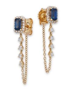 Bloomingdale's Fine Collection Blue Sapphire & Diamond Halo Chain Drop Earrings in 14K Yellow Gold - Exclusive Yellow Gold Sapphire Dangle Jewelry, Luxury Blue Dangle Jewelry, Luxury Sapphire Dangle Jewelry, Blue 14k Gold Dangle Jewelry, Formal Blue 14k Gold Jewelry, Chain Drop Earrings, Blue Sapphire Diamond, Yellow Gold Earring, Diamond Halo