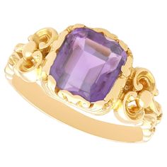 A fine and impressive 2.28 carat amethyst and 15 karat yellow gold ring; part of our diverse antique amethyst jewellery and estate jewelry collections. This fine and impressive antique amethyst ring has been crafted in 15k yellow gold. The pierced decorated, scrolling setting is ornamented with a central feature claw set 2.28ct emerald cut amethyst. The tapering, shaped scrolling foliated ring shoulders integrate with the main setting, melding with the plain shank. The ring is hallmarked to the outer surface of the shank with the French gold import mark (owl); this mark is used for finished articles brought into France to be examined by the French assay office. This 1840s gemstone ring has been independently tested using state of the art technology (Niton XL2 Analyzer) and verified as 15 k Antique Amethyst Jewelry, Antique Amethyst Ring, Amethyst Jewellery, Fine Jewelry Rings, Gorgeous Rings, Amethyst Jewelry, Art Technology, Fine Jewelry Designers, Yellow Gold Ring