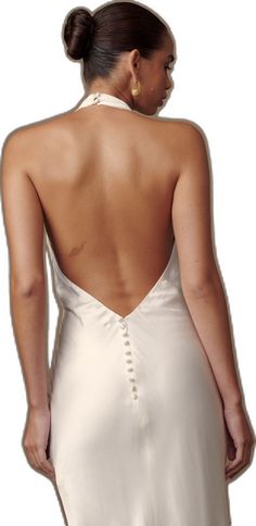 Glamorous Halter Dress With Fitted Bodice For Wedding, Elegant Backless Dress With Corset Back For Gala, Elegant Slip Dress With Corset Back For Gala, Elegant Halter Dress With Keyhole Back, Elegant Low Back Backless Dress For Evening, Satin Backless Halter Dress With Fitted Bodice, Satin Halter Dress With Fitted Bodice And Backless Design, Glamorous Halter Neck Wedding Dress, Backless Bias Cut Halter Wedding Dress