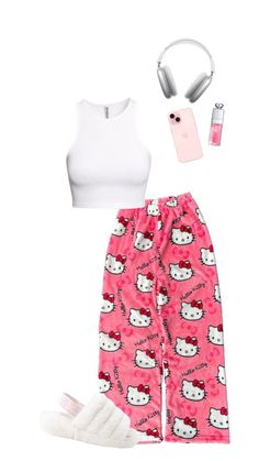 Cute White Pants With Elastic Waistband, Cute Cotton Bedtime Pants, Cute Hello Kitty Print Pants For Pajama Party, Cute Pants With Hello Kitty Print For Pajama Party, Cute White Pants For Sleepover, Casual Cotton Bottoms With Hello Kitty Print, Cute Loungewear Pants With Elastic Waistband, Cute Hello Kitty Long Pants, Cute Hello Kitty Print Long Pants