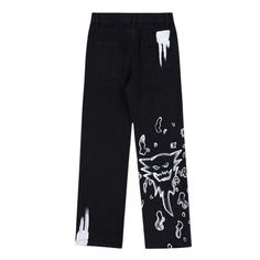 Unleash your inner hip hop star with these vibrant and edgy graffiti skeleton jeans! Featuring a unique design that will turn heads, these jeans are perfect for those who want to make a bold statement. Embrace your individuality and stand out from the crowd with these Hip Hop Graffiti Skeleton Jeans. Features: -80% Cotton, 20% Spandex -Mid-rise waist -Premium denim fabric -Pure -Regular fit -High Street style Grunge Streetwear Bottoms With Graffiti Print, Grunge Graffiti Print Bottoms For Streetwear, Edgy Streetwear Bottoms With Graffiti Print, Halloween Grunge Streetwear Bottoms, Grunge Bottoms For Halloween Streetwear, Grunge Halloween Streetwear Bottoms, Edgy Halloween Streetwear Bottoms, Emo Cotton Bottoms For Streetwear, Punk Halloween Jeans For Streetwear