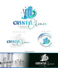 the logo for crystal clean is shown in blue and green colors, with an image of a