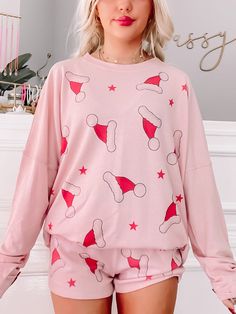 Santa Hat Christmas Pajamas | Sassy Shortcake Winter Pink Tops For Pajama Party, Pink Tops For Winter Pajama Party, Winter Crew Neck Tops For Pajama Party, Crew Neck Top For Pajama Party In Winter, Cute Pink Sleepwear For Holiday, Hailey Fashion, Girls Christmas Pjs, Christmas Pj Set, Matching Top And Shorts