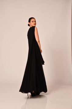 "Plus Size Formal Dress, Sleeveless Dress, Black Maxi Dress ♛ All of Rosche's pieces are created with the sole purpose that YOU feel beautiful! Enjoy unique details in combination with high-quality materials every day and make an statement every place you go! ♛ Perfect for every occasion! ♛ Custom fit: Your comfort in essential to us, so we can make the garment specially with your measurements. ♛ Material & Care: Chiffon Dry clean ♛ Delivery: Ready to ship in 3-5 business days. I ship all my Dressy Floor-length Maxi Dress For Wedding, Evening Gown With Cape Sleeves And Pre-draped Style, Floor-length Chiffon Party Gown, Formal Pre-draped Chiffon Maxi Dress, Gala Floor-length Dressy Maxi Dress, Dressy Evening Maxi Dress In Floor-length, Evening Formal Maxi-length Gown, Formal Dressy Maxi Gown, Dressy Evening Maxi Dress Floor-length