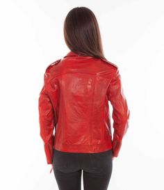 Vintage red leather motorcycle jacket by Scully. This vintage inspired motorcycle jacket for women will bring out the free spirited cowgirl in you! Dry clean only. Perfect western style jacket for any cowgirl. Color: Red Flat rate shipping of $14 applies to leather coats and jackets. Red Moto Outerwear, Edgy Red Biker Jacket For Biker Events, Red Punk Leather Jacket For Winter, Red Punk Leather Jacket For Fall, Fitted Western Leather Jacket For Winter, Western Style Fitted Leather Jacket For Winter, Red Fitted Leather Jacket For Biker Events, Edgy Red Outerwear For Biker Events, Red Vintage Leather Jacket