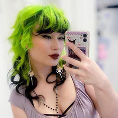 Luxury Hair Styles, Neon Green Roots Black Hair, Electric Lizard Hair, Black And Purple Color Block Hair, Lime Green Hair Color, Neon Green Hair Ideas, Blue And Neon Green Hair, Neon Hair Dye, Neon Green And Purple Hair