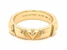 The LV Volt ring in 18-karat gold is part of the LV Volt collection for men and women, a tribute to the energy of the iconic LV initials. The two letters split apart and repeat at regular intervals, generating a smooth tempo. Hallmarked "Louis Vuitton" and stamped "Au750" on the inside of the ring. The ring is EU size 55, US size 7.25. The total weight is 9.3 grams.This is a pre-owned ring in excellent condition. Item Specifications: Brand: Louis Vuitton Collection: LV Volt Metal: 18K Yellow Gol Lv Ring, Multi Ring, Louis Vuitton Collection, Equestrian Life, Gold Rush, High Quality Jewelry, Gold Bracelet, Two By Two, Bangles