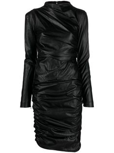 black faux leather silk lining round neck rear zip fastening ruched detailing cut-out detailing long sleeves knee-length asymmetric hem Tom Ford Dress, Black Leather Dresses, Leather Dress, Ruched Dress, Fancy Dresses, Black Faux Leather, Cocktail Dress Party, Asymmetric Hem, Tom Ford