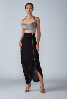 Saaksha & Kinni-Black Abstract Bustier With Skirt-INDIASPOPUP.COM Abstract Tile, White Bustier, Ritu Kumar, Anita Dongre, Skirt With Zipper, Tarun Tahiliani, Wear Crop Top, Tile Print, Party Wear Indian Dresses