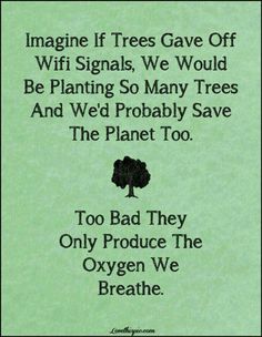 an advertisement with the words imagine if trees gave off wifi signals, we would be planting so many trees and we'd probably save the planet too