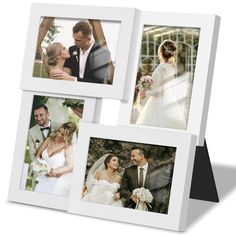 four different pictures of people and their wedding dress are shown in this collage with the bride and groom