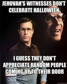 two men with glasses on their faces and one has an ad for jehovan's witnesses don't celebrate halloween i guess they don't appreciate the